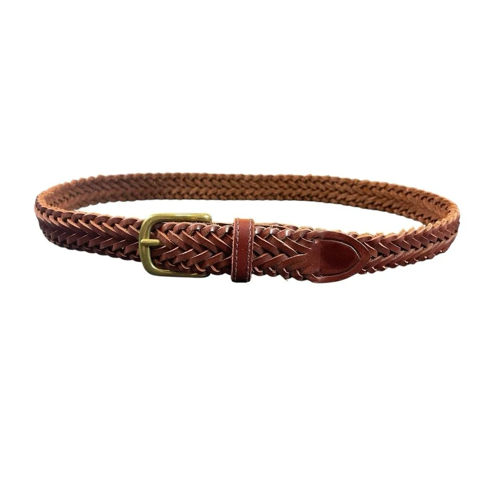 VTG Old Navy Kids Brown Braided Leather Belt Brass Buckle Woven Size L Y2K